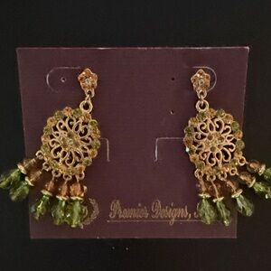 Premier Designs Green and Gold Dangle Earrings Cha Cha 3047